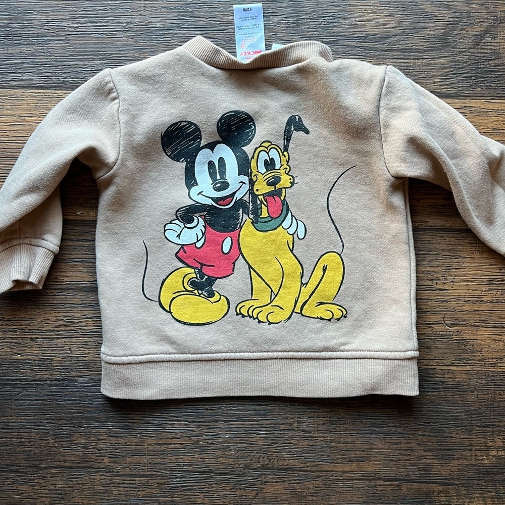 Baby Disney Junior Sweatshirt Beige Mickey Mouse 12M Button Walt Goofy Cartoon - Picture 1 of 10
